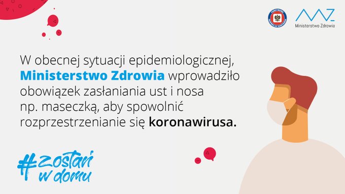 Plakat o treści: W obecnej sytuacji epidemiologicznej Ministerstwo Zdrowia wprowadziło obowiązek zasłaniania ust i nosa np. maseczką, aby spowolnić rozprzestrzenianie się koronawirusa